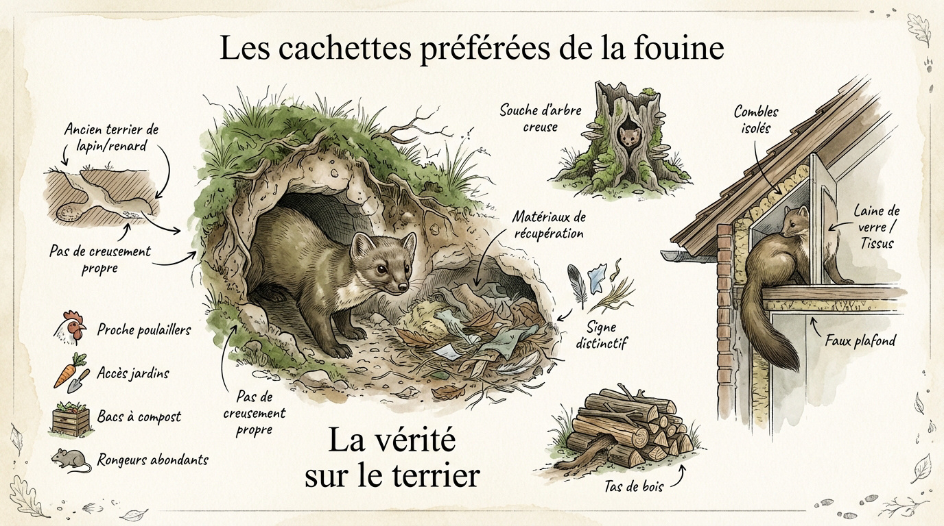 Fouine sortant d'une cachette dans un tas de bois à proximité d'une habitation