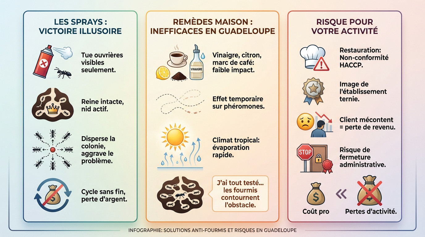Produits anti-fourmis maison inefficaces et risques sanitaires en cuisine professionnelle