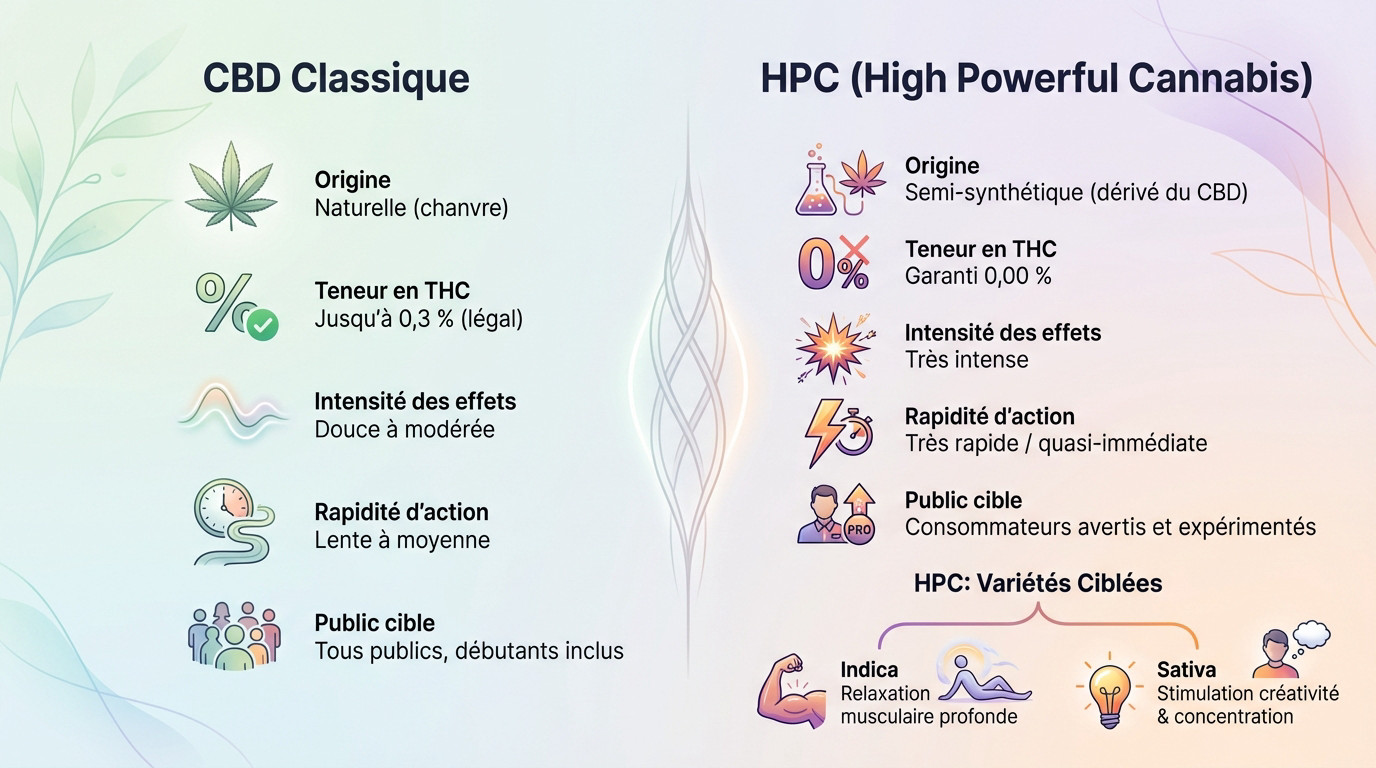 Comparaison technique entre les effets intenses du HPC et la douceur du CBD classique