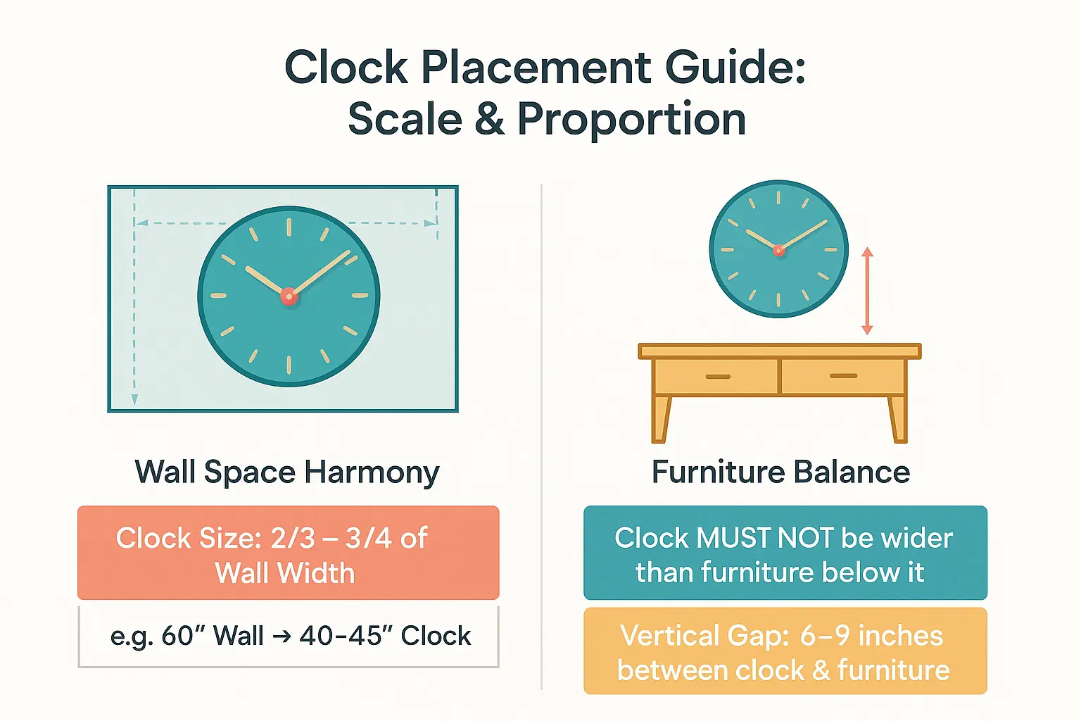 Illustration of clock placement with scale and proportion guidelines