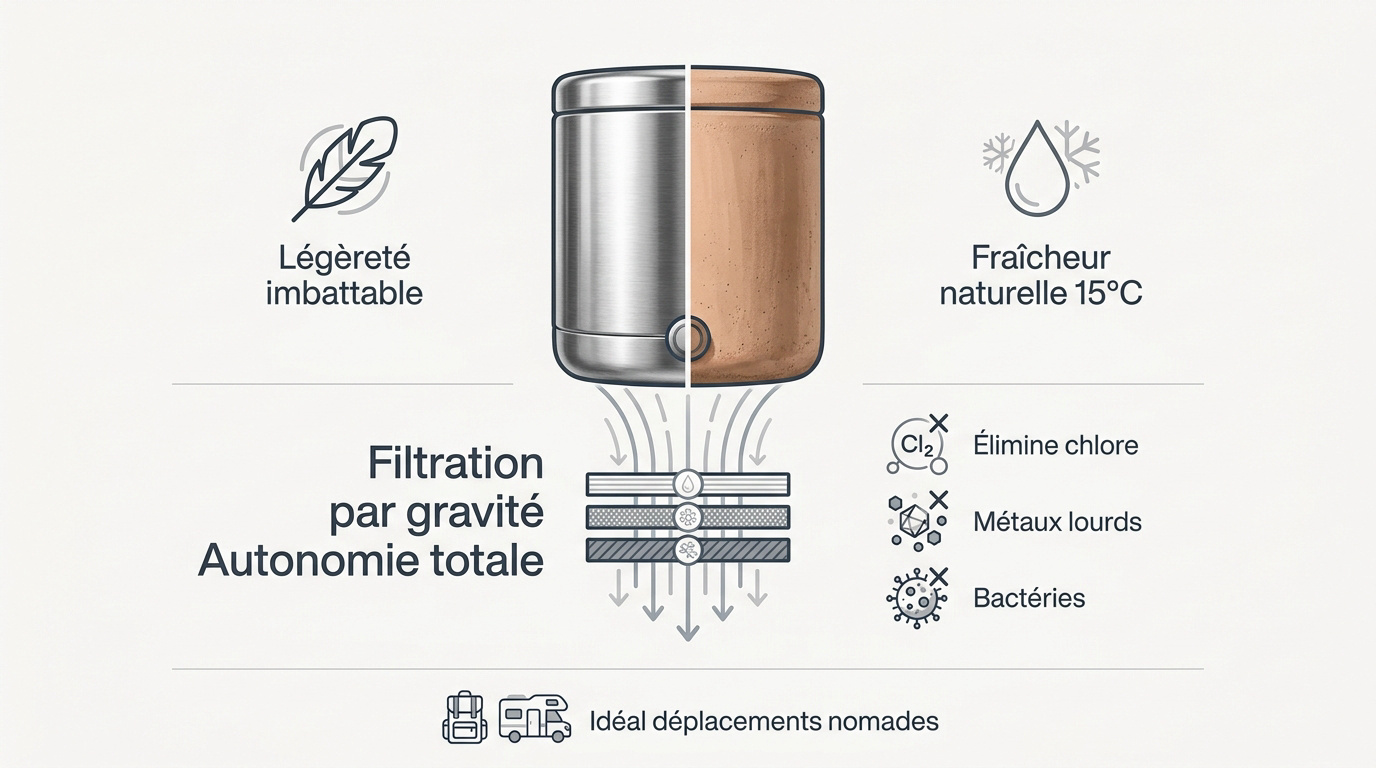 Infographie comparative des systèmes de filtration d'eau par gravité