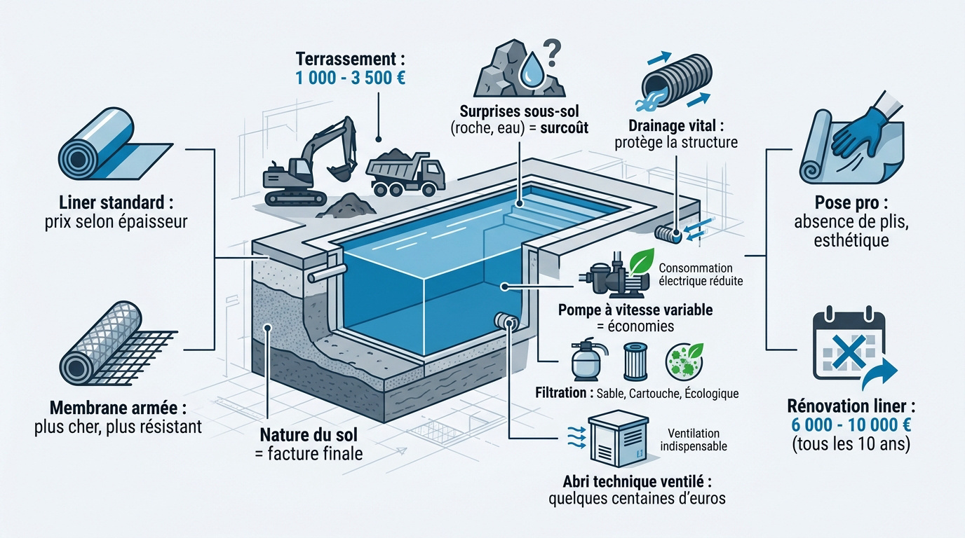 Infographie des coûts de construction d'une piscine creusée en 2026