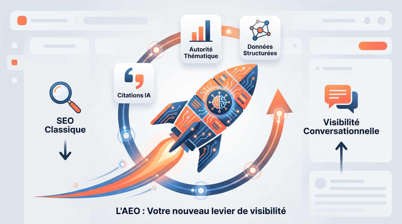 Fusée symbolisant l'ascension de la visibilité grâce à l'IA et l'AEO