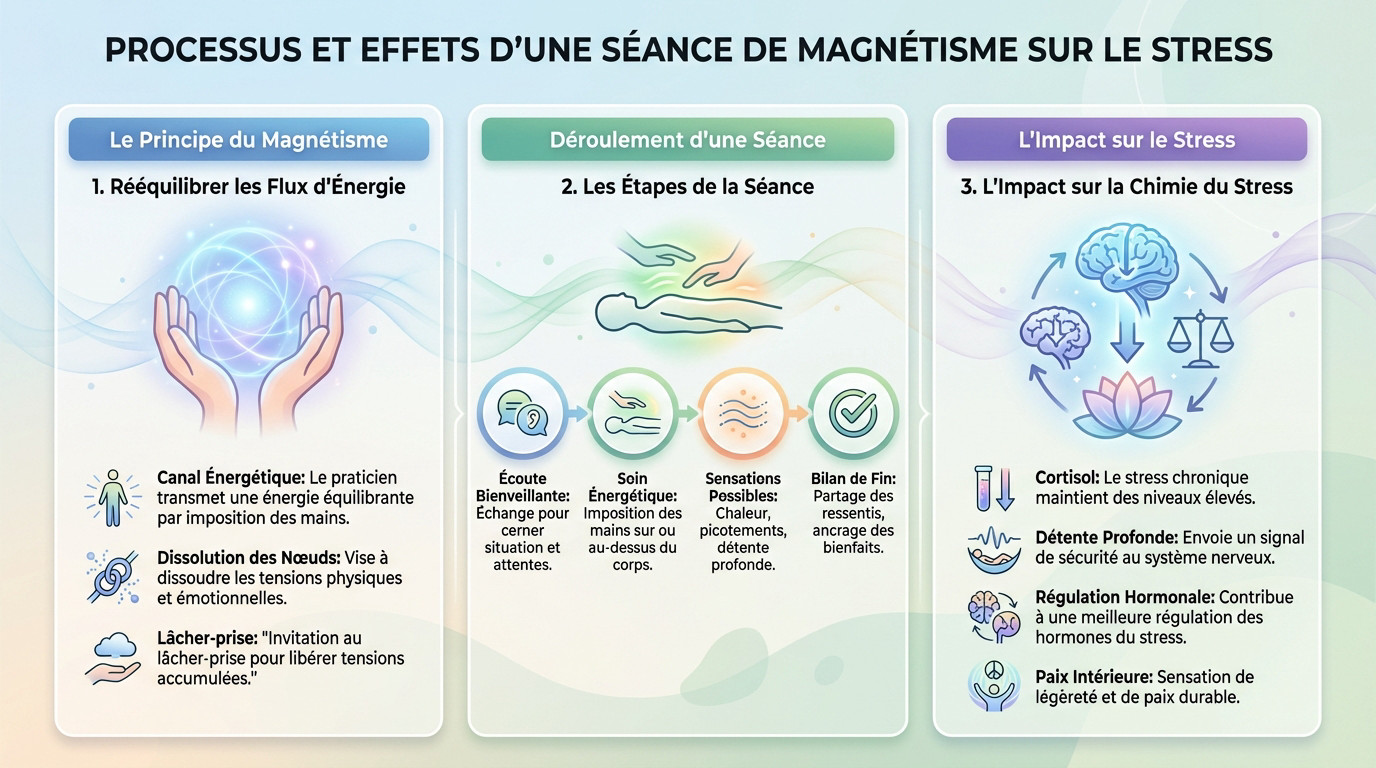 Séance de magnétisme à Annecy favorisant la relaxation profonde et la réduction du cortisol