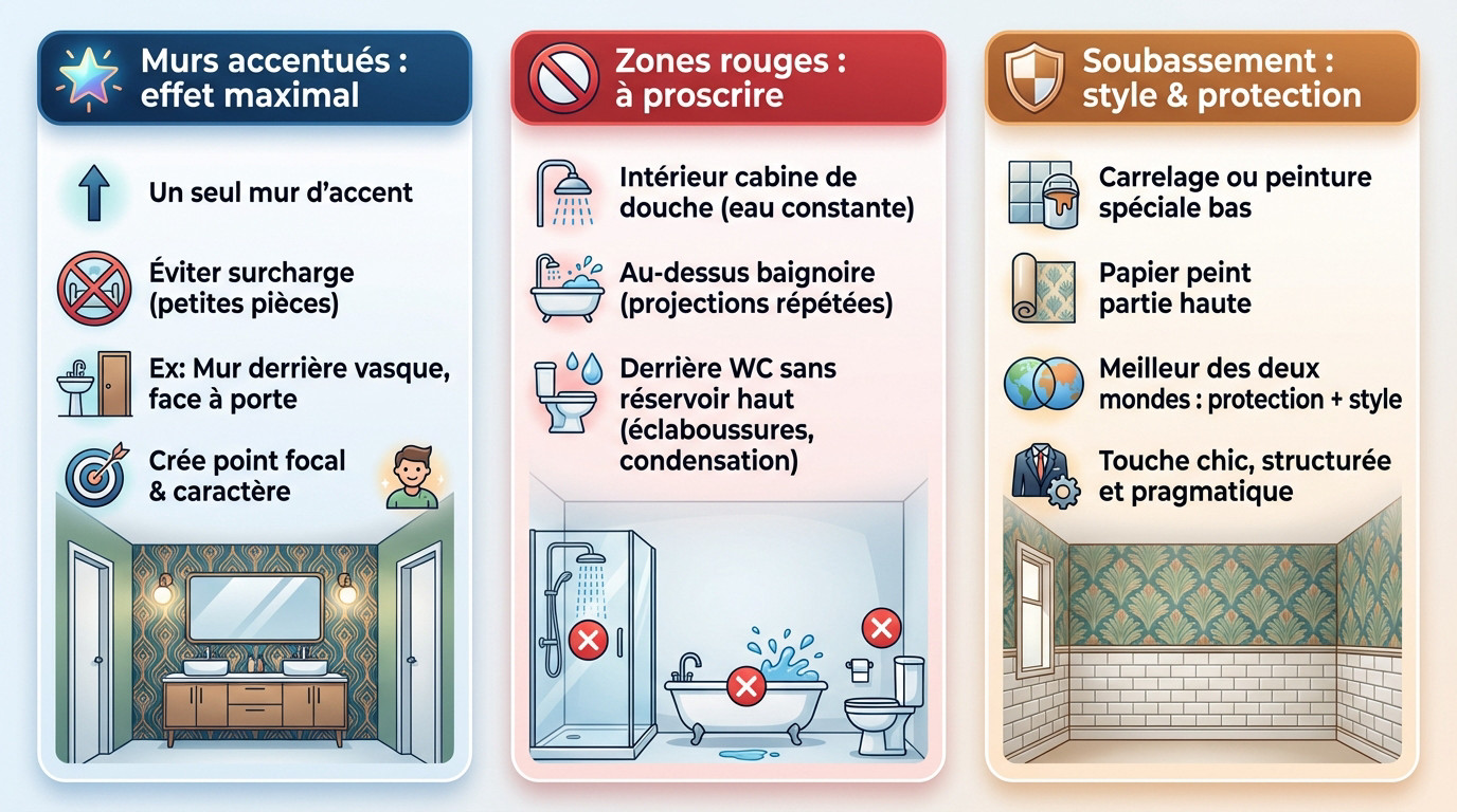 Schéma des zones humides à éviter pour la pose de papier peint dans une salle de bain