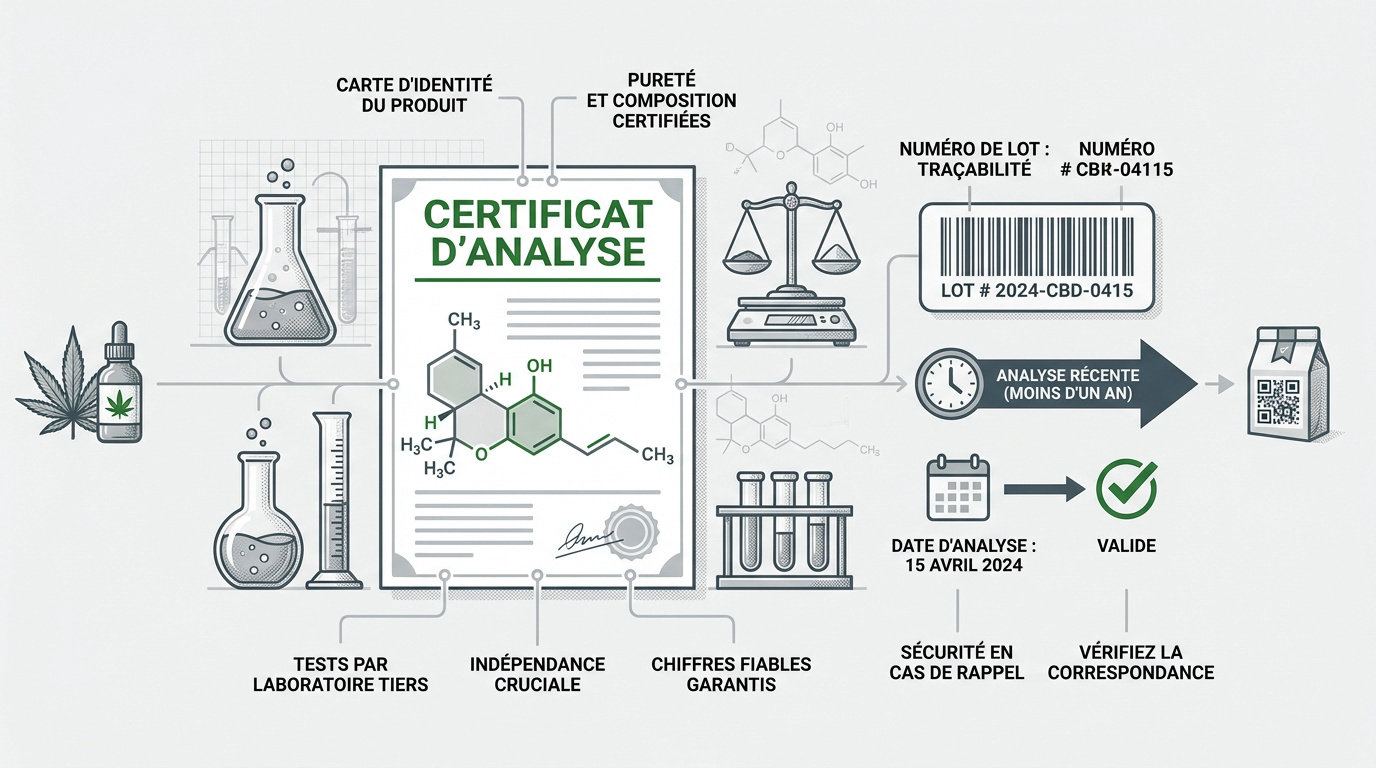 Exemple de certificat d'analyse CBD détaillant les taux de cannabinoïdes et la pureté