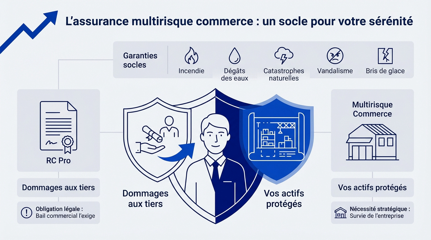 Commerçant serein devant sa boutique protégée par une assurance multirisque