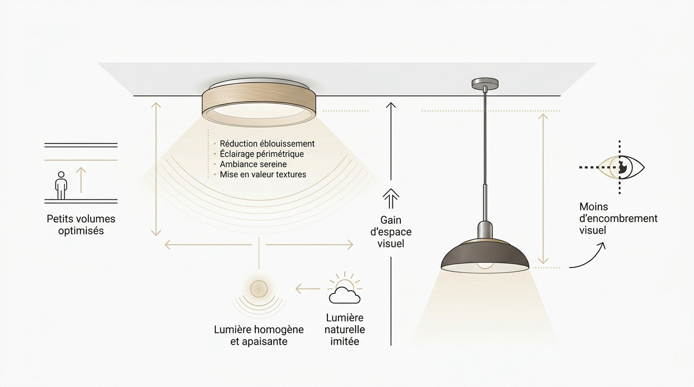 Comparaison entre la diffusion lumineuse d'un plafonnier japandi et une suspension classique
