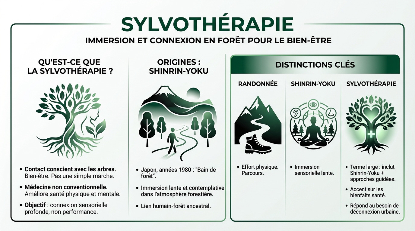 Infographie expliquant les origines et les distinctions de la sylvothérapie et du shinrin-yoku
