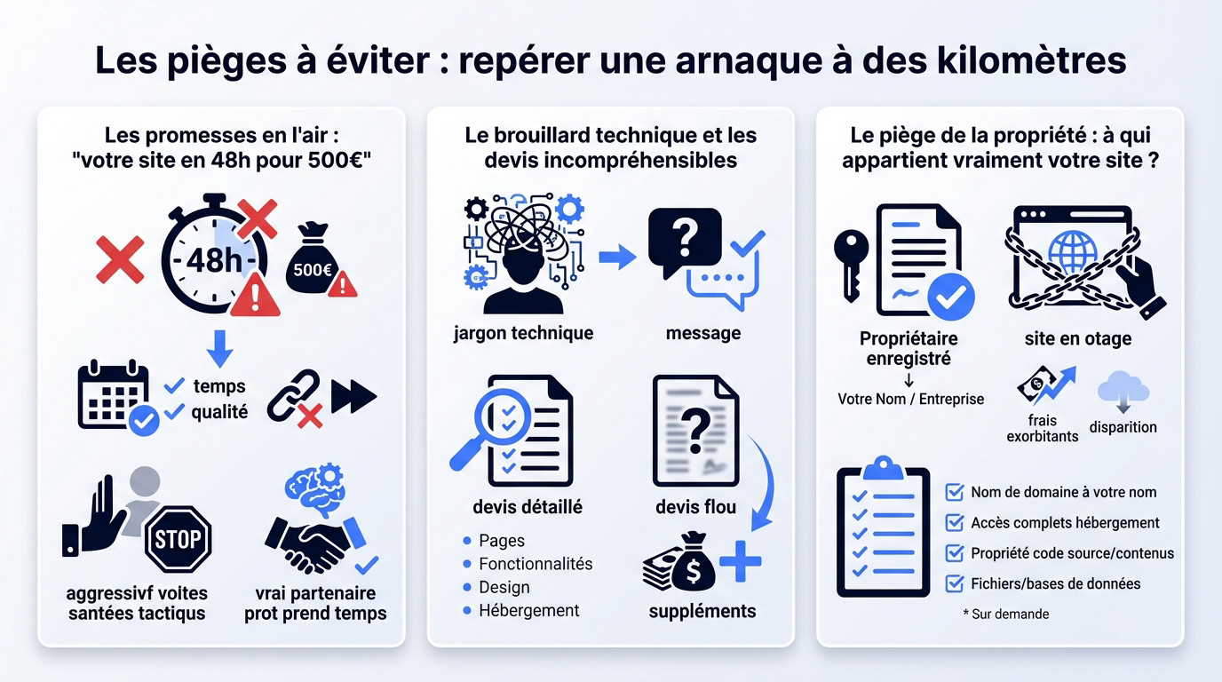 Schéma illustrant les pièges courants et arnaques lors de la création d'un site internet pour artisan