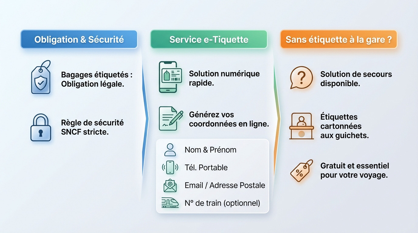 Valise étiquetée prête pour un voyage en train SNCF