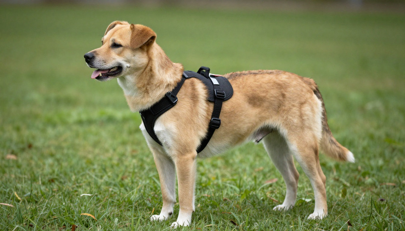 Chien portant un harnais noir allongé sur l'herbe