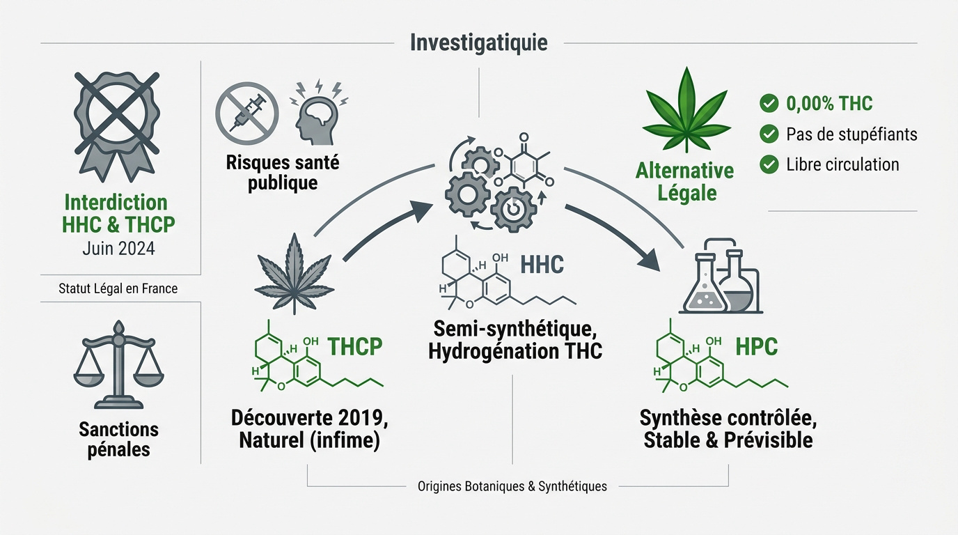 Comparaison visuelle entre les molécules de HPC, HHC et THCP et leur légalité en France