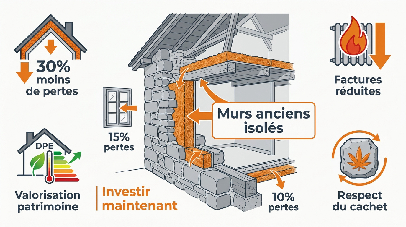 Isolation d'une façade de maison ancienne en pierre avec matériaux naturels