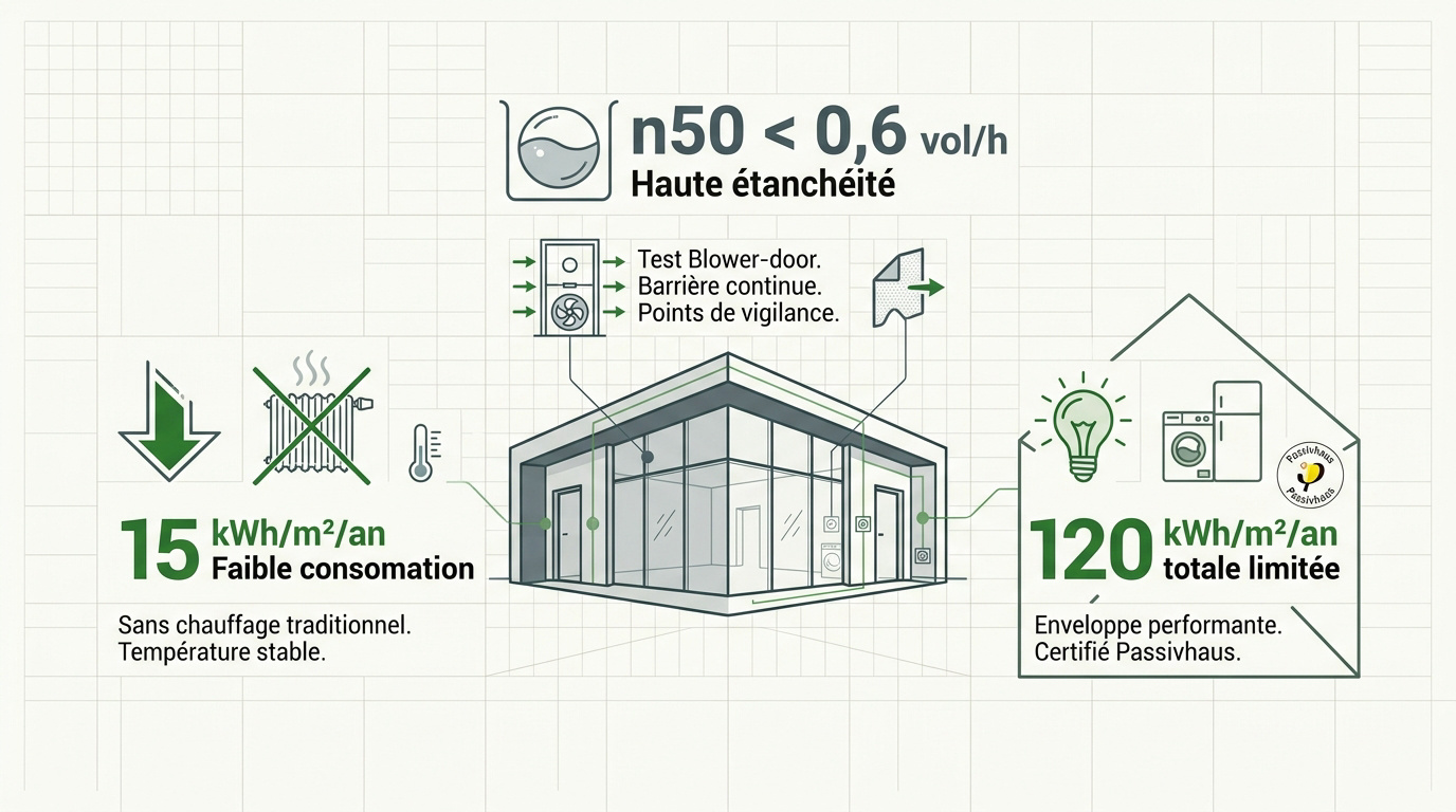 Schéma technique des piliers de la maison passive incluant isolation et ventilation