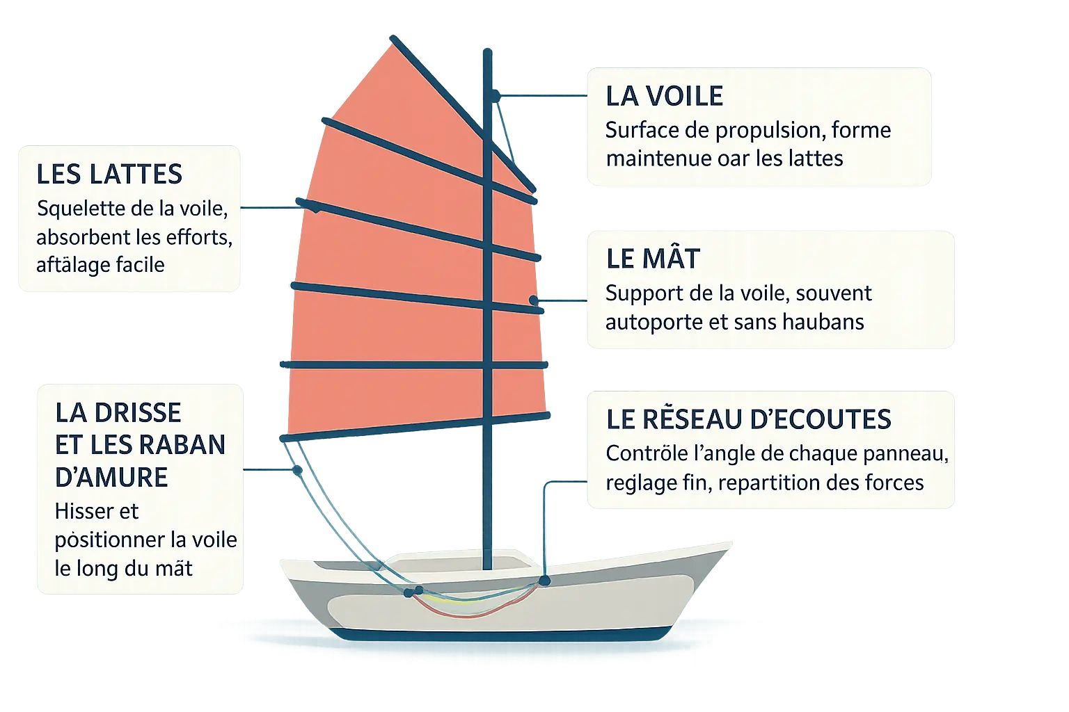 Vue d'une voile de jonque avec ses lattes en bambou