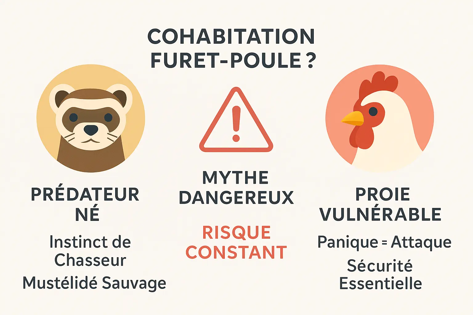 Un furet observe une poule de près, illustrant le danger de la cohabitation.