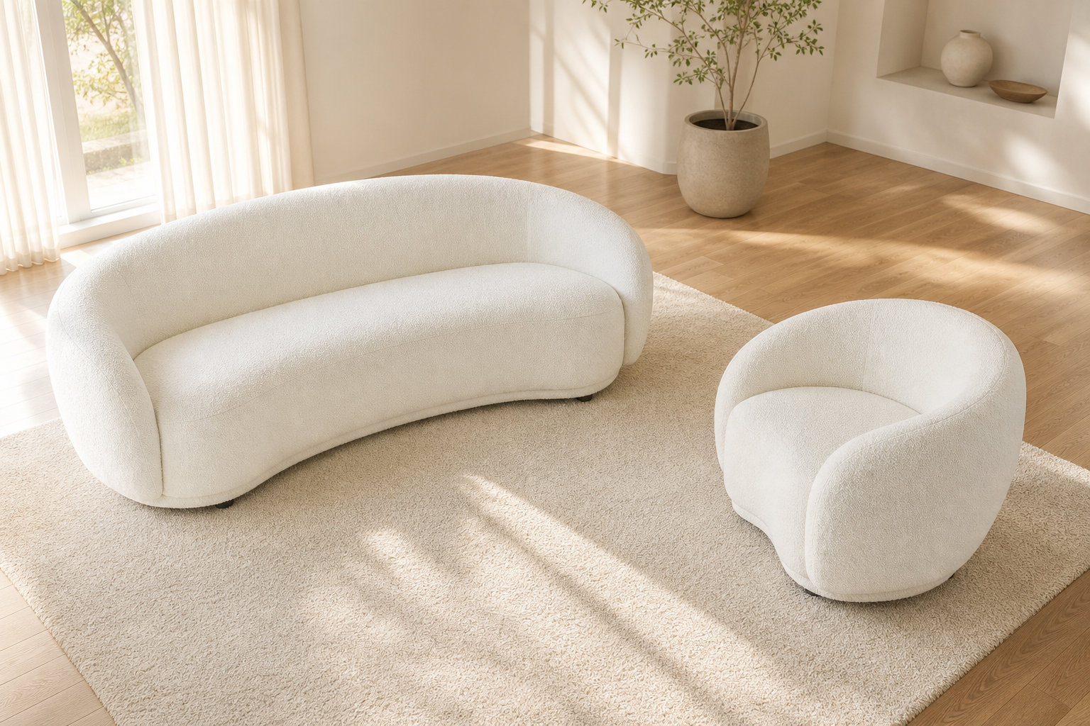 Ensemble canapé arrondi 3 places et fauteuil arrondi blanc ivoire - BOVANA