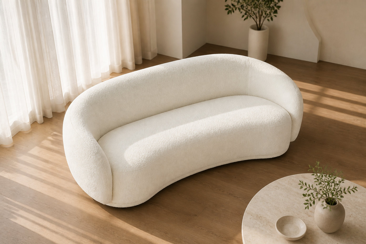 Canapé arrondi organique BOVANA : l'élégance fluide en bouclette beige