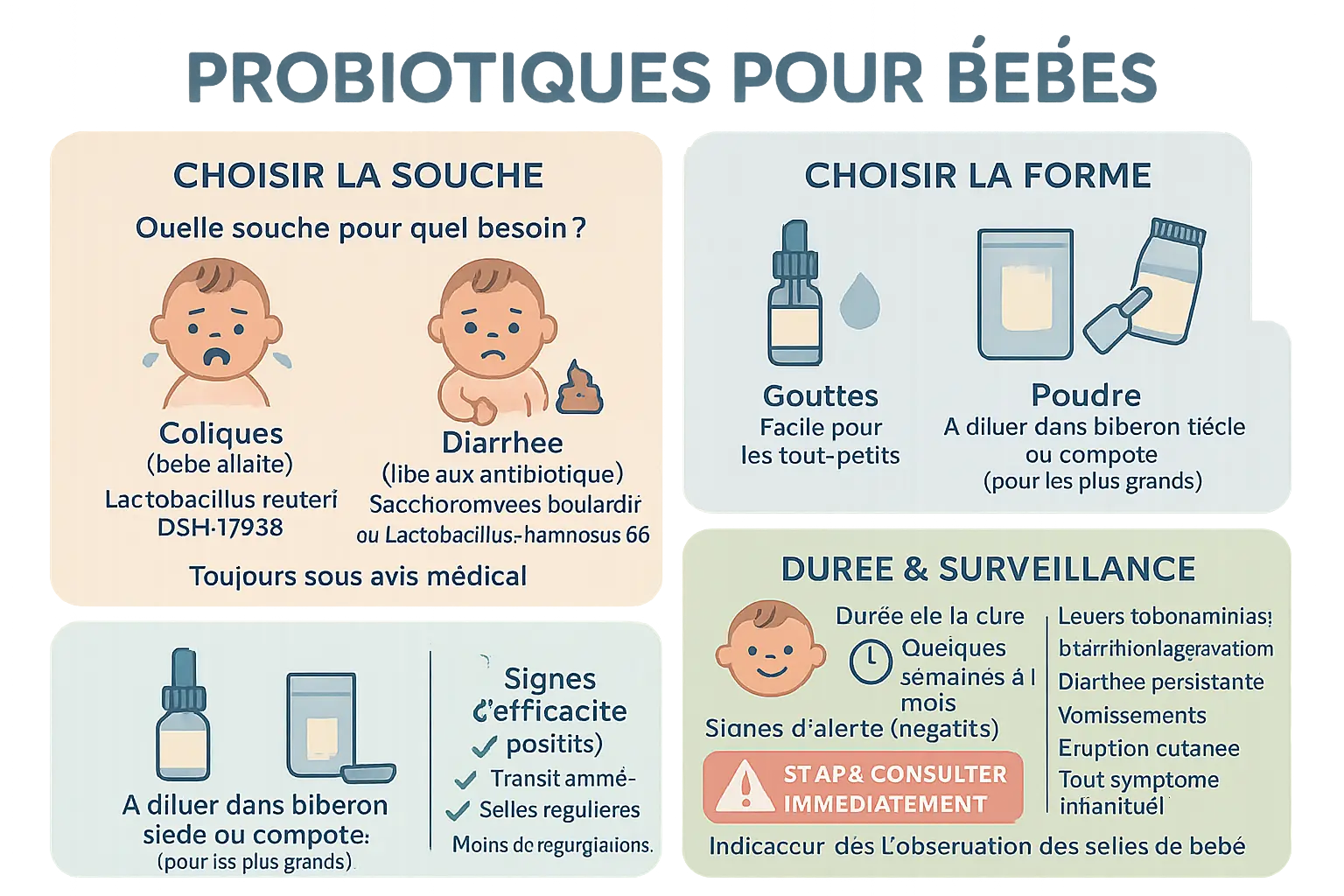 Illustration d'un bébé entouré de probiotiques en forme de sourires et de symboles médicaux
