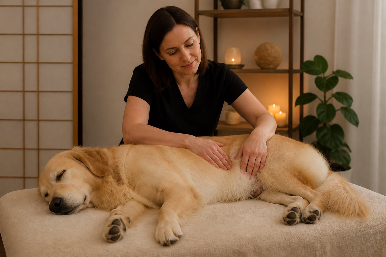Chien sportif recevant un massage professionnel par un expert certifié