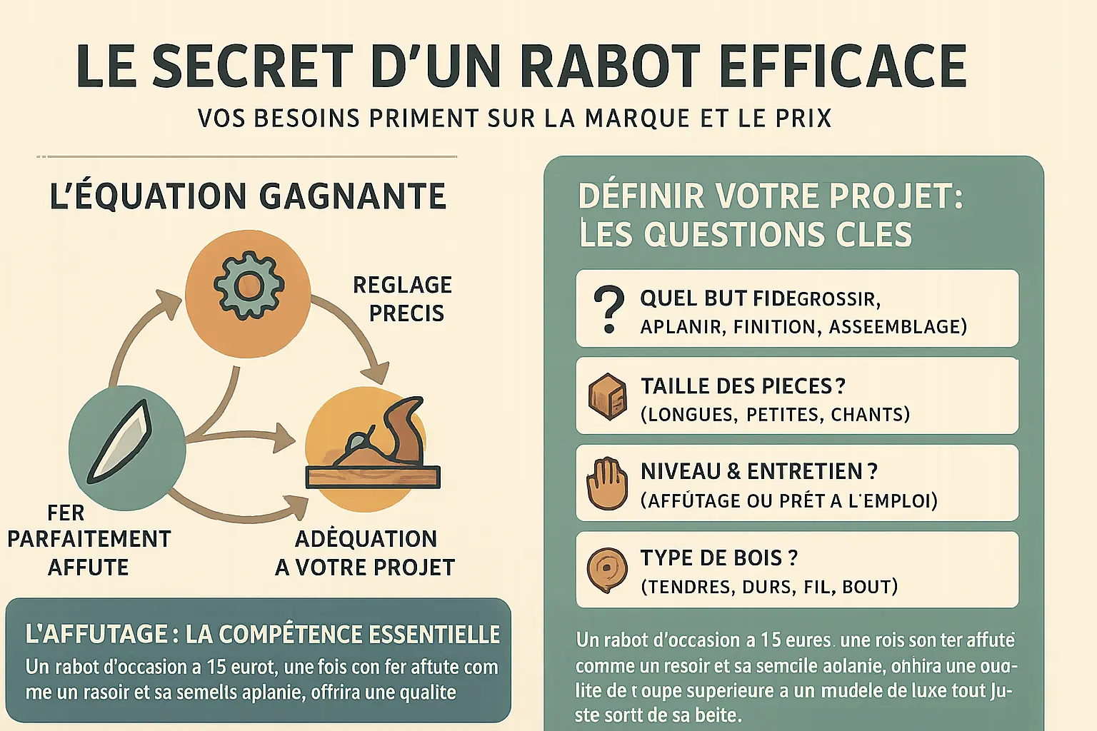 Rabot à main avec fer affûté et clés de réglage