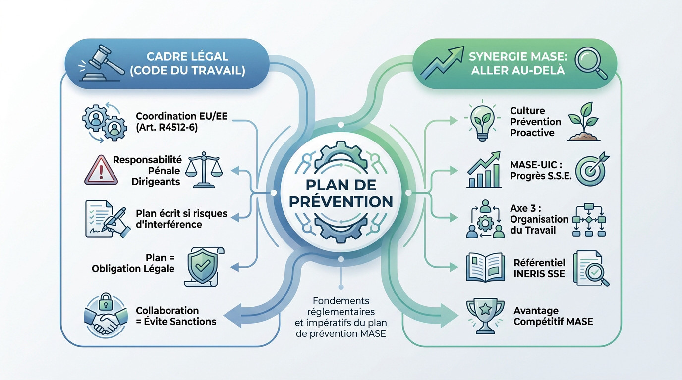 Illustration des fondements réglementaires et impératifs du plan de prévention MASE, incluant le cadre légal et la synergie avec le référentiel MASE.