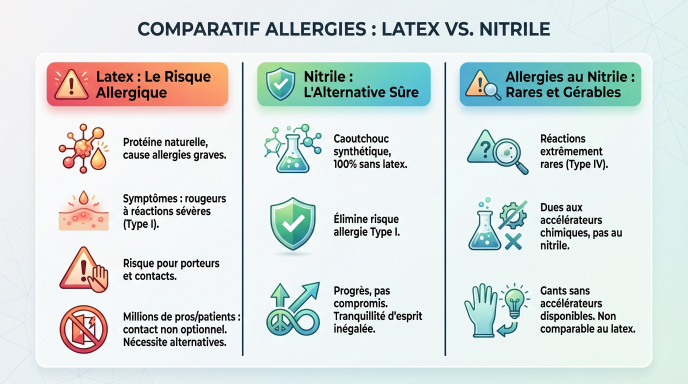 Sch&eacute;ma comparatif illustrant les risques d'allergies entre gants en latex et gants en nitrile