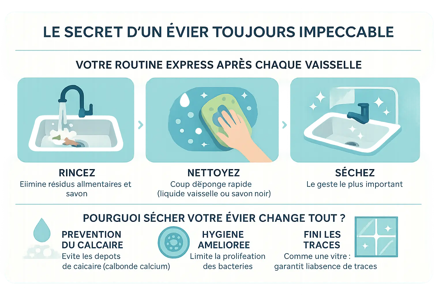 Évier en inox brillant après séchage