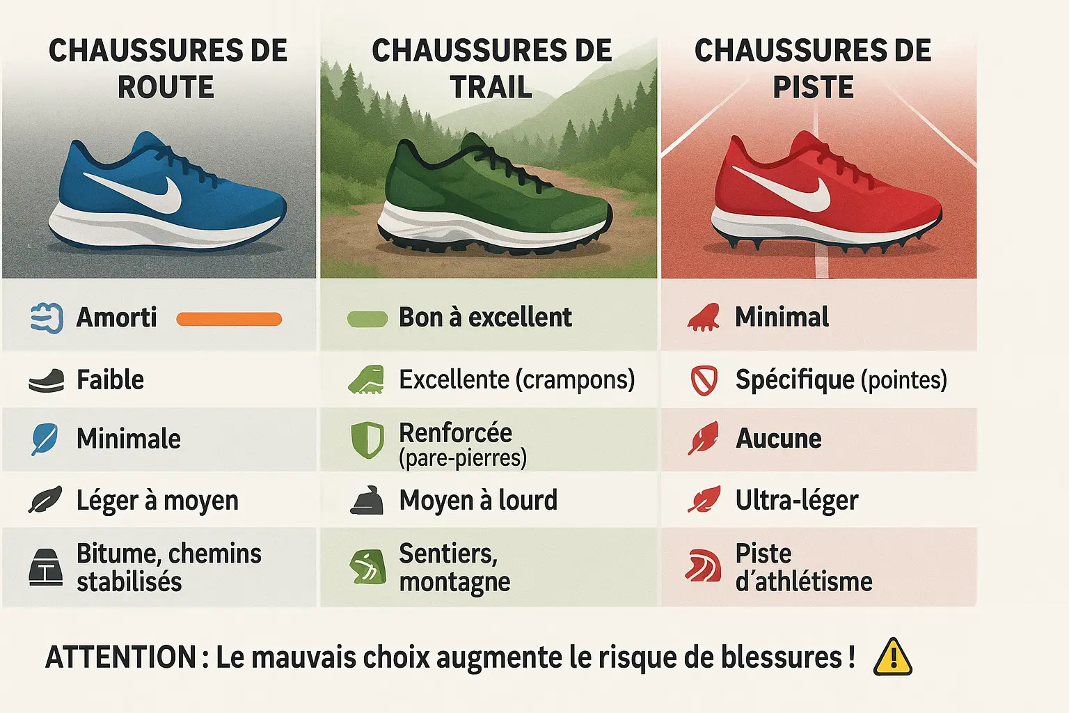 Illustration des différents terrains pour le running