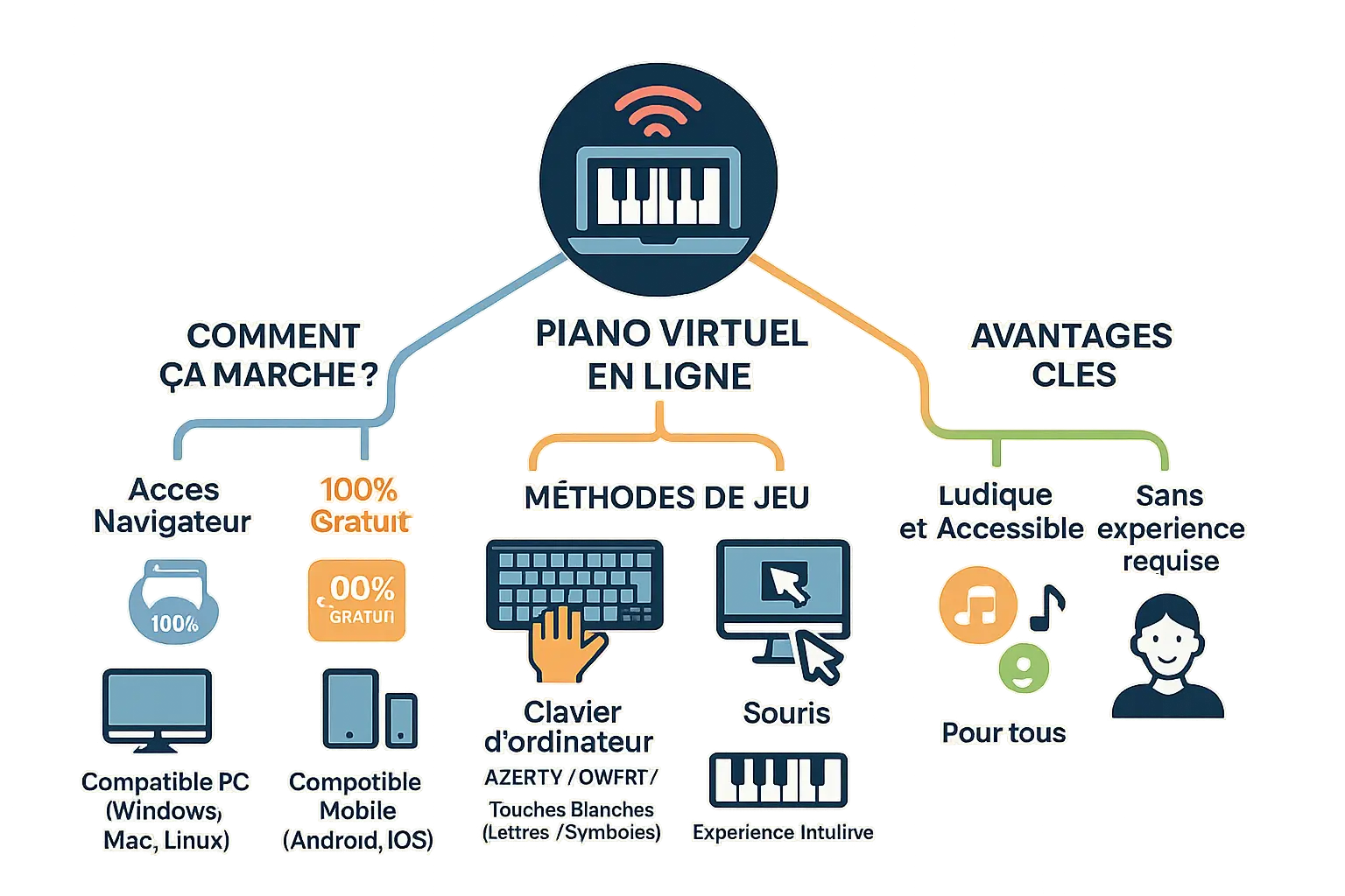 Illustration d'un piano virtuel jouable en ligne