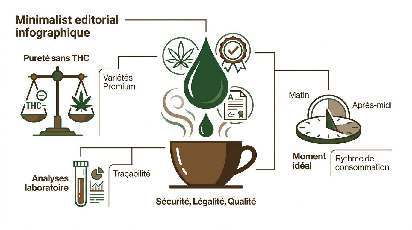 Infographie sur la pureté du CBD, la qualité des produits et le moment idéal de consommation