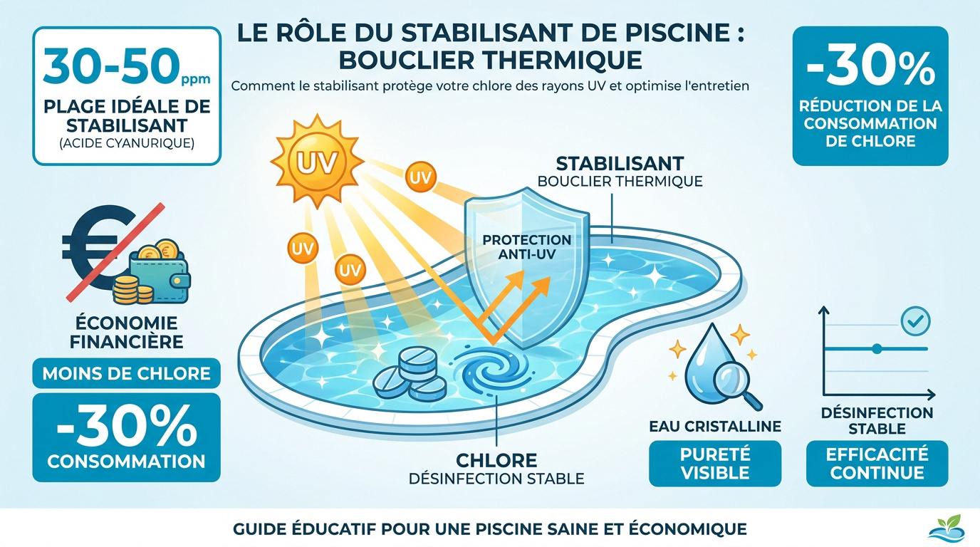 Action du stabilisant de piscine contre les rayons UV du soleil