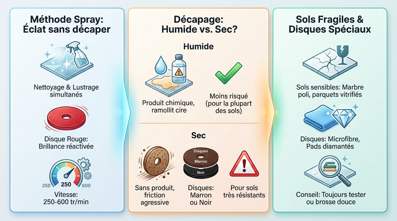 Infographie illustrant les techniques de méthode spray et de décapage des sols