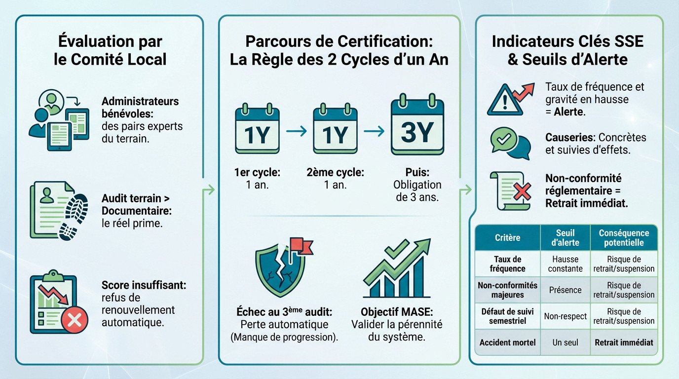 Schéma explicatif des seuils de score et cycles de certification MASE
