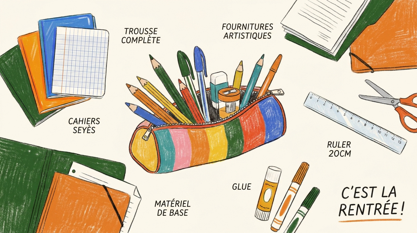 Liste de fournitures scolaires CP : la checklist complète Sélection de fournitures scolaires colorées pour la rentrée en classe de CP