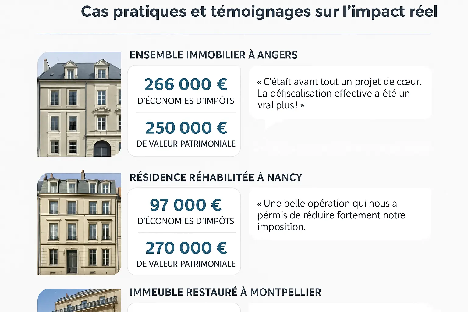 Infographie illustrant des cas pratiques et témoignages sur l'impact réel du dispositif Malraux, montrant des exemples de projets de restauration réussis et des retours d'expérience d'investisseurs.