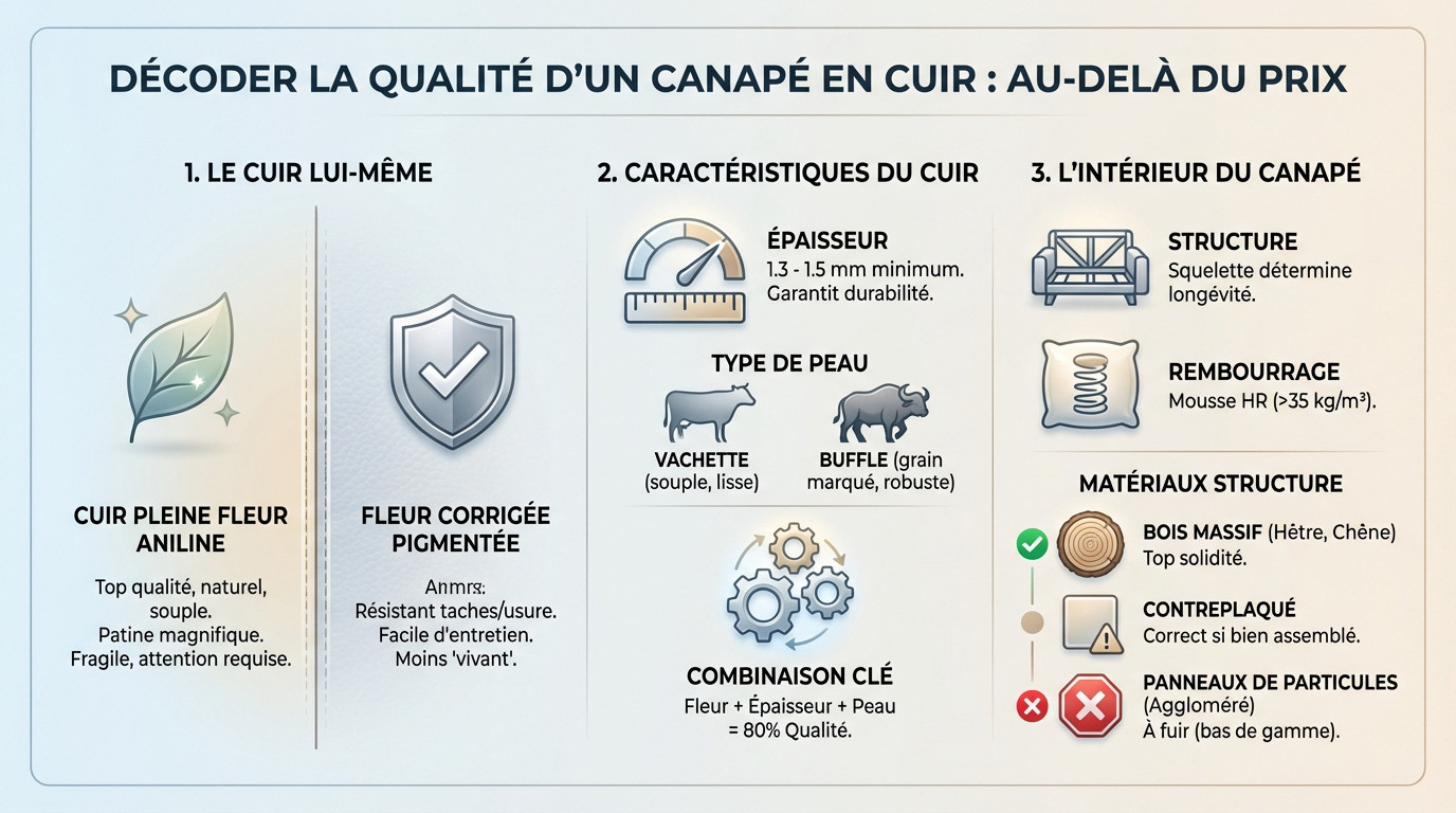 Coupe technique d'un canapé en cuir illustrant la différence entre cuir pleine fleur et fleur corrigée ainsi que la structure interne