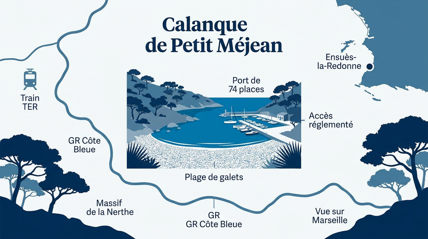 Infographie pratique de la calanque de Petit Méjean sur la Côte Bleue