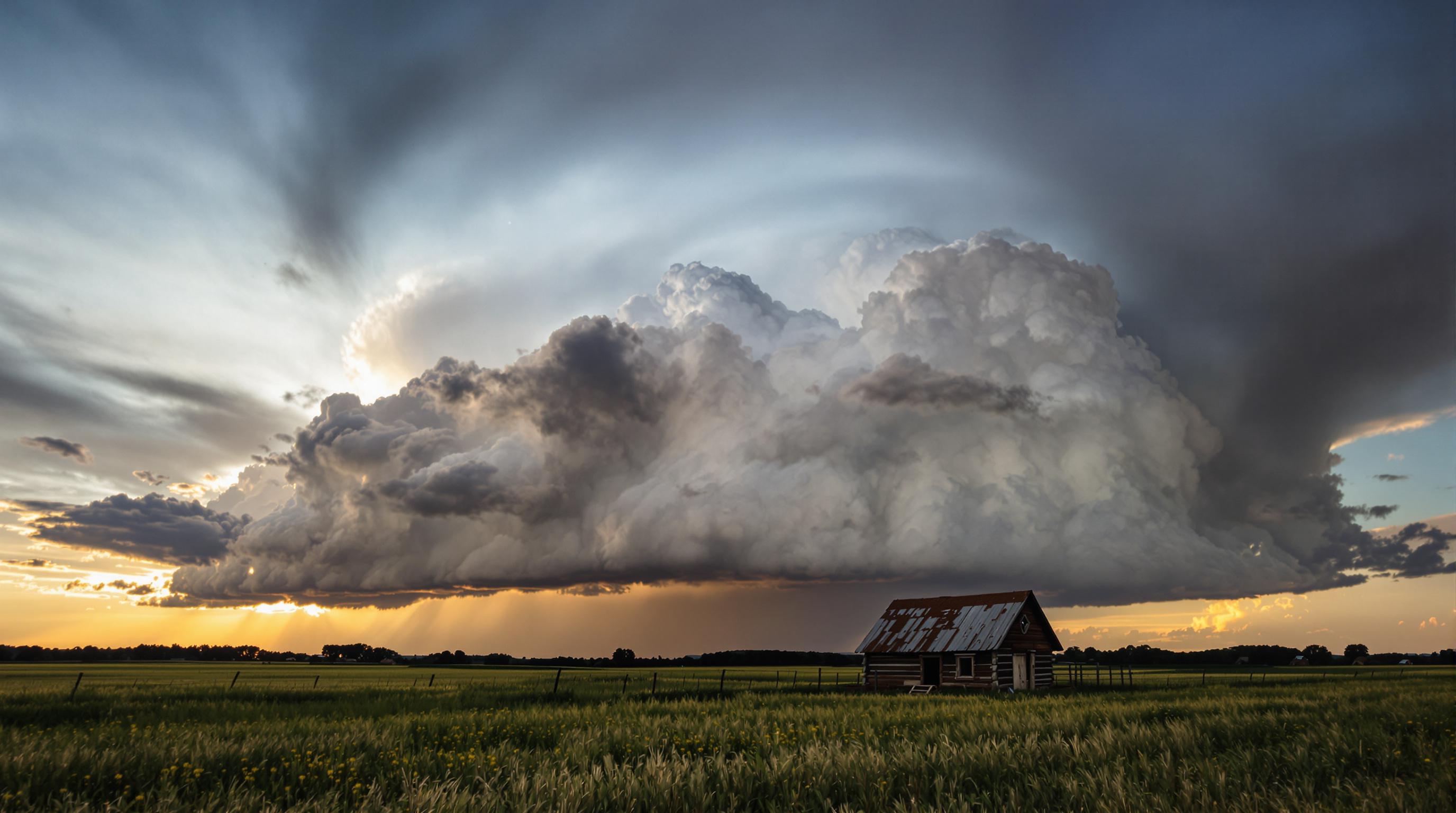Une photographie grand angle spectaculaire d'un ciel orageux dominé par un cumulonimbus imposant. L'enclume du nuage doit être bien visible, avec des éclairs illuminant la scène. Au premier plan, un paysage rural avec des arbres et des champs, soulignant la puissance et l'échelle du nuage.