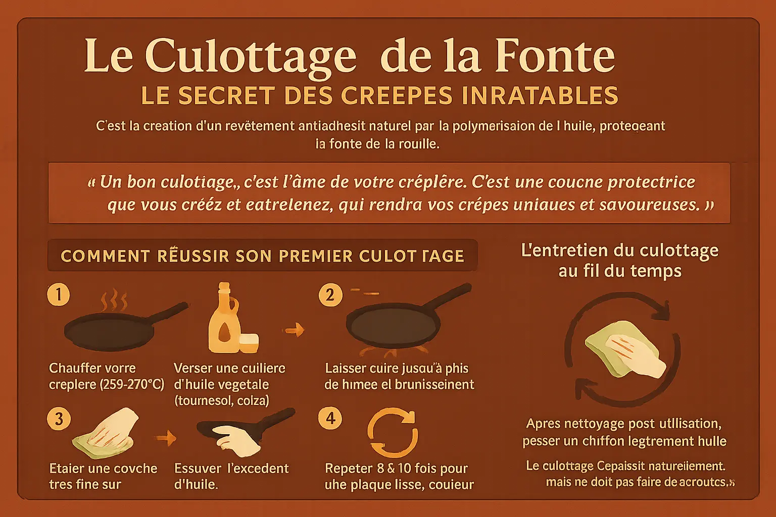 Crêpière en fonte usinée sur laquelle on applique de l'huile pour le culottage
