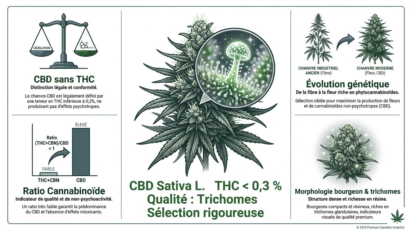 Infographie détaillant les caractéristiques botaniques et biologiques du CBD Sativa L.