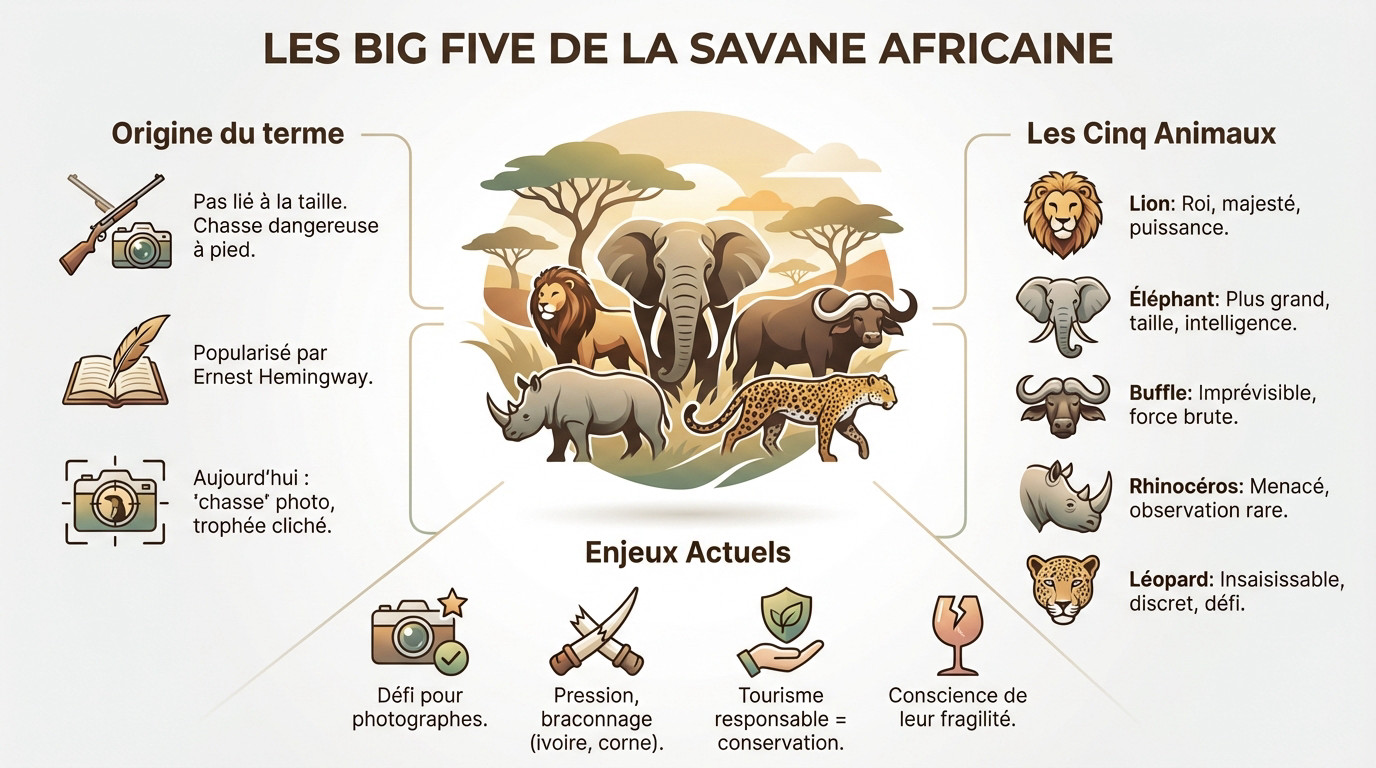 Les animaux du Big Five dans la savane africaine lors d'un safari