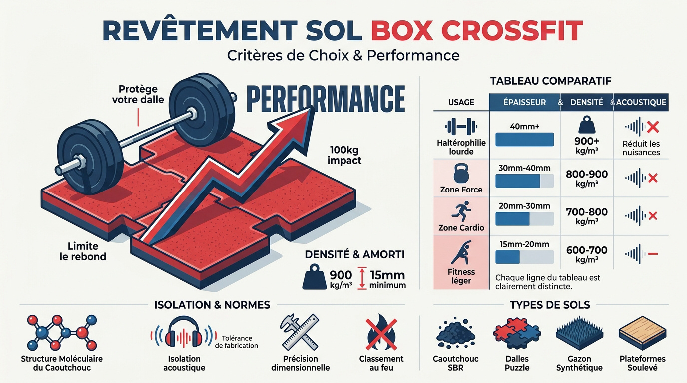 Dalles de sol en caoutchouc haute densité pour box de CrossFit supportant des charges lourdes