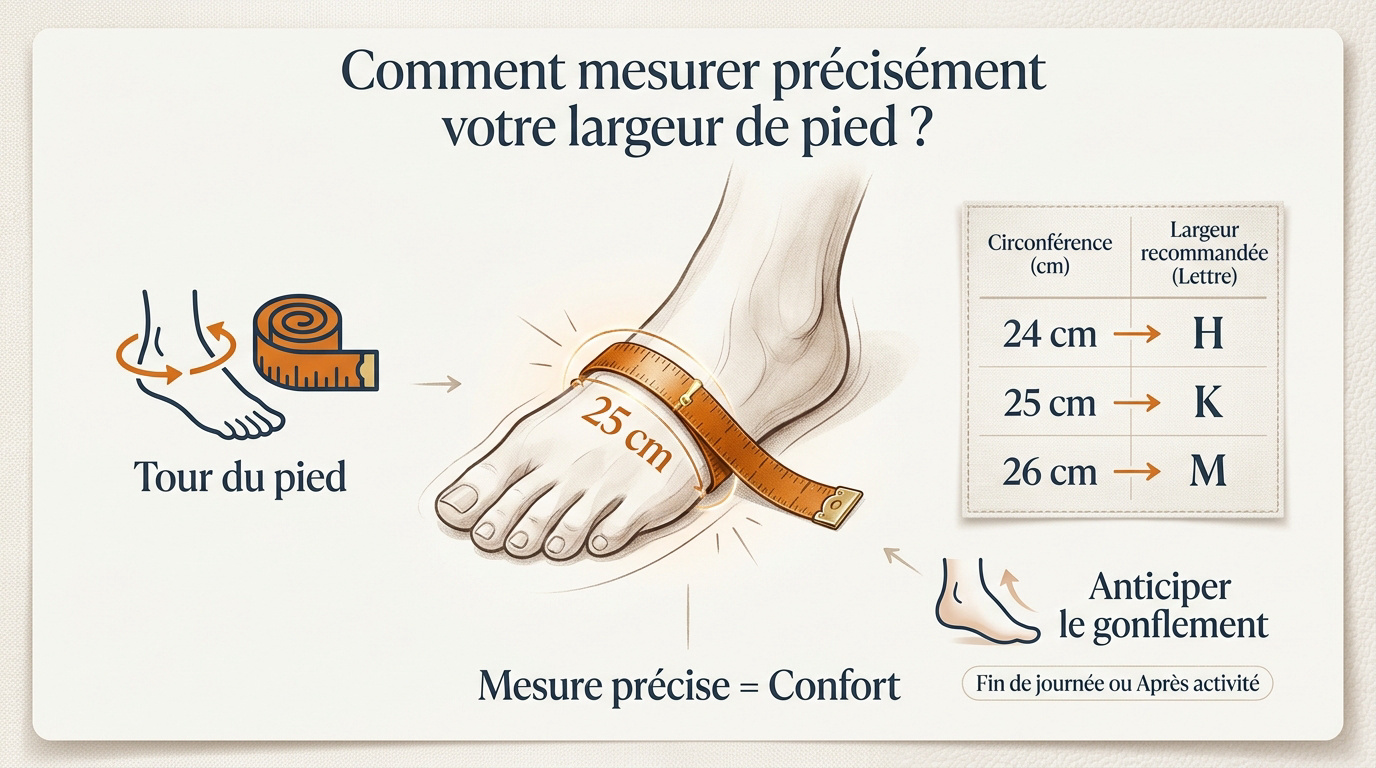 Femme mesurant la circonférence de son pied avec un mètre ruban pour choisir une chaussure adaptée à l'hallux valgus