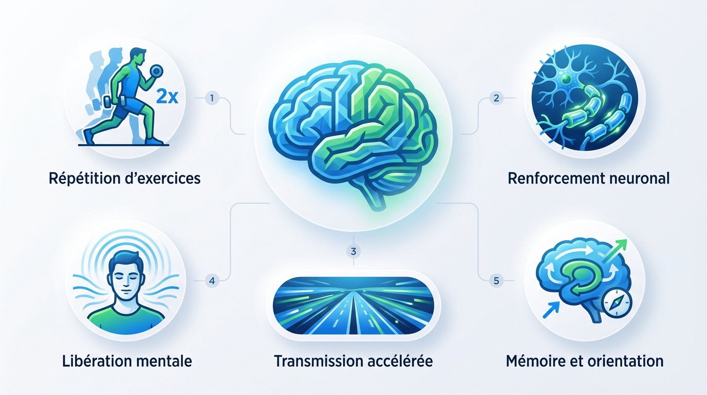 Illustration des connexions neuronales activées par la répétition d'exercices physiques