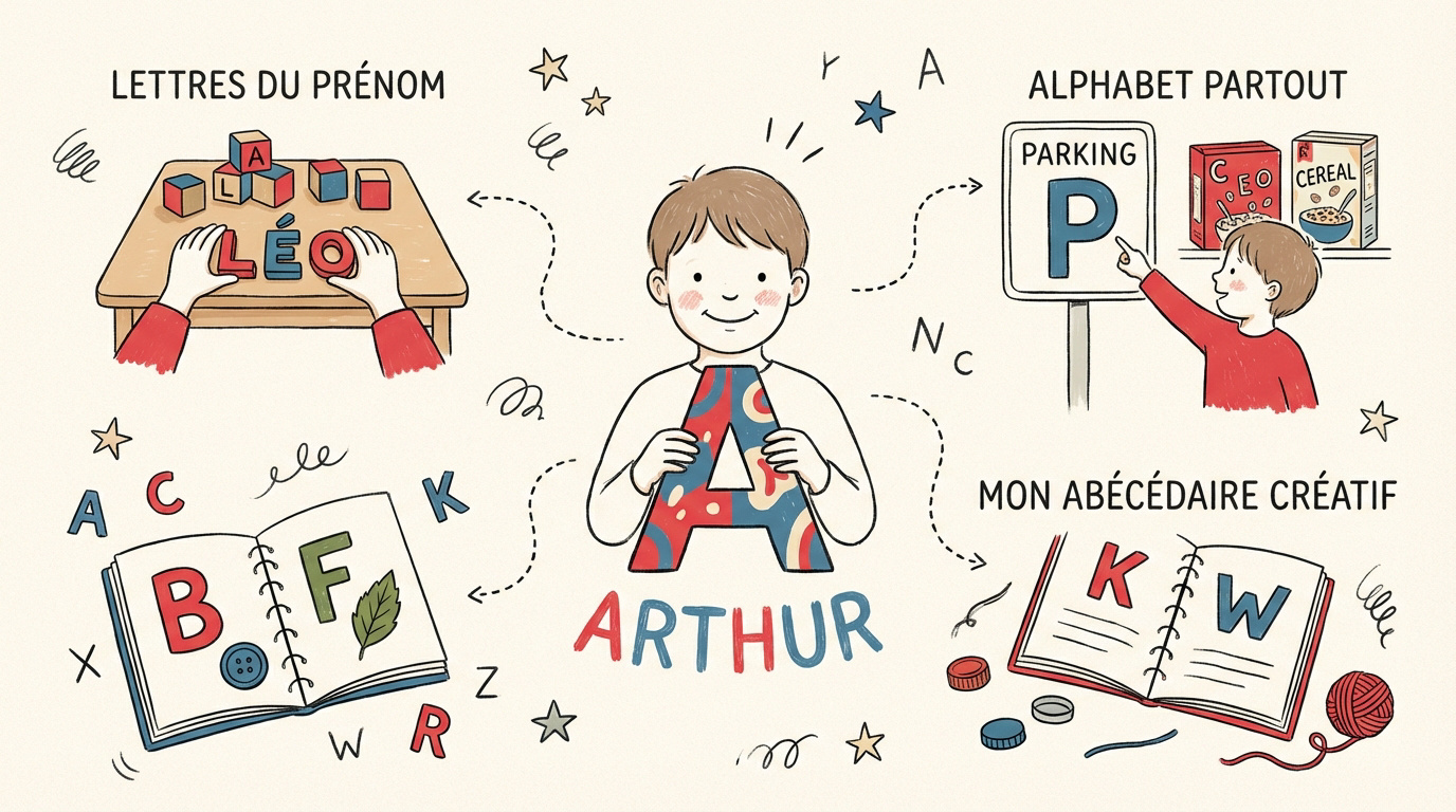 Enfant qui apprend l'alphabet avec son prénom