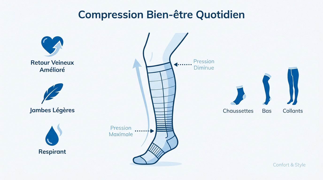 Enfile bas de contention : comment bien choisir Femme portant des bas de compression pour le confort des jambes au quotidien