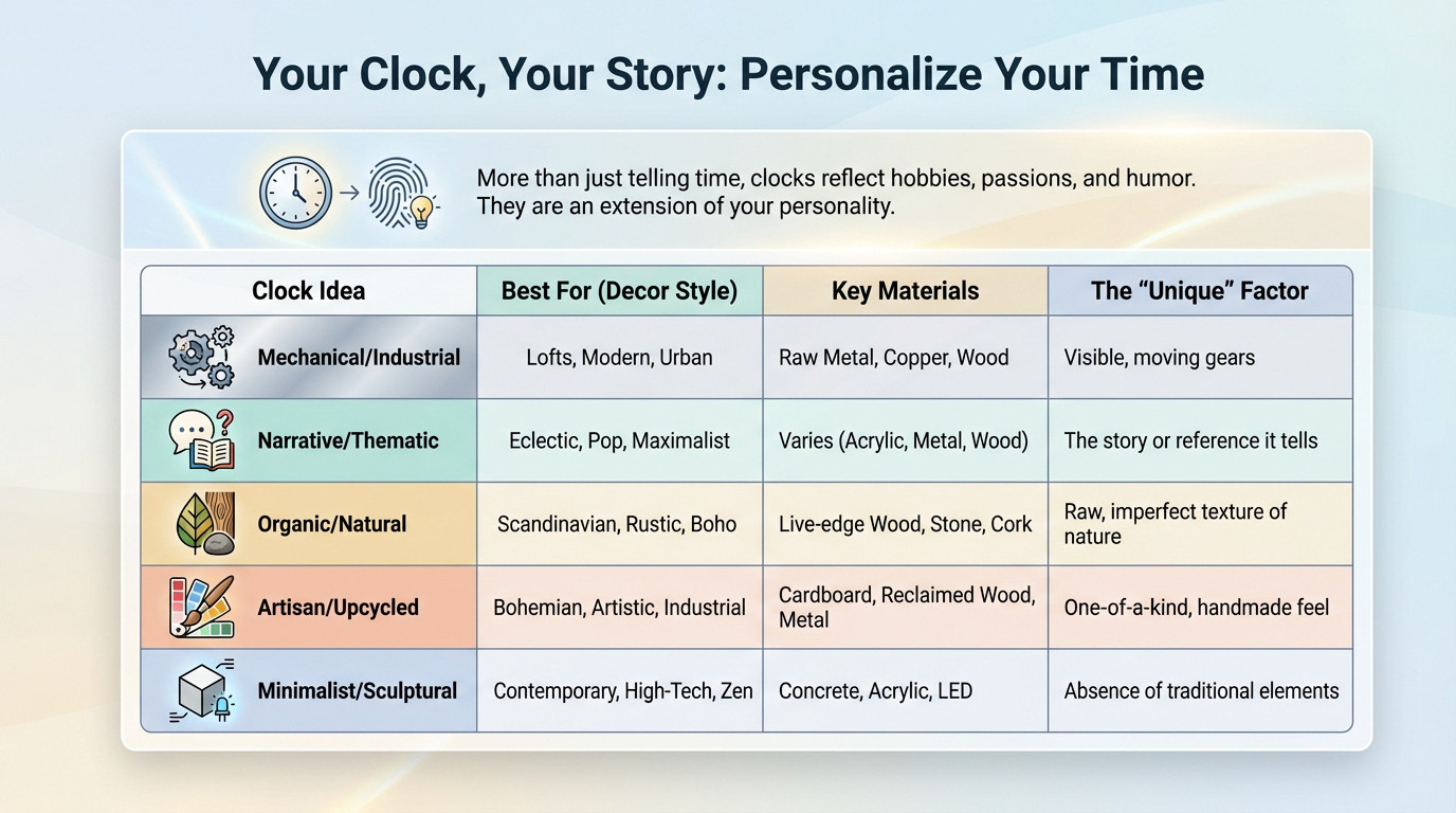 Modern narrative wall clock featuring a unique, artistic design that tells a story beyond simple timekeeping