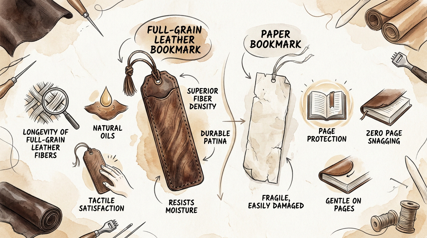 Comparison between a durable full-grain leather bookmark and a fragile paper bookmark showing texture differences.